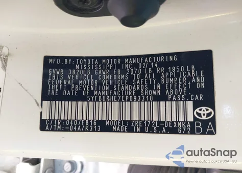 2014 Toyota Corolla Le from USA, damaged, VIN 5YFBURHE7EP093310